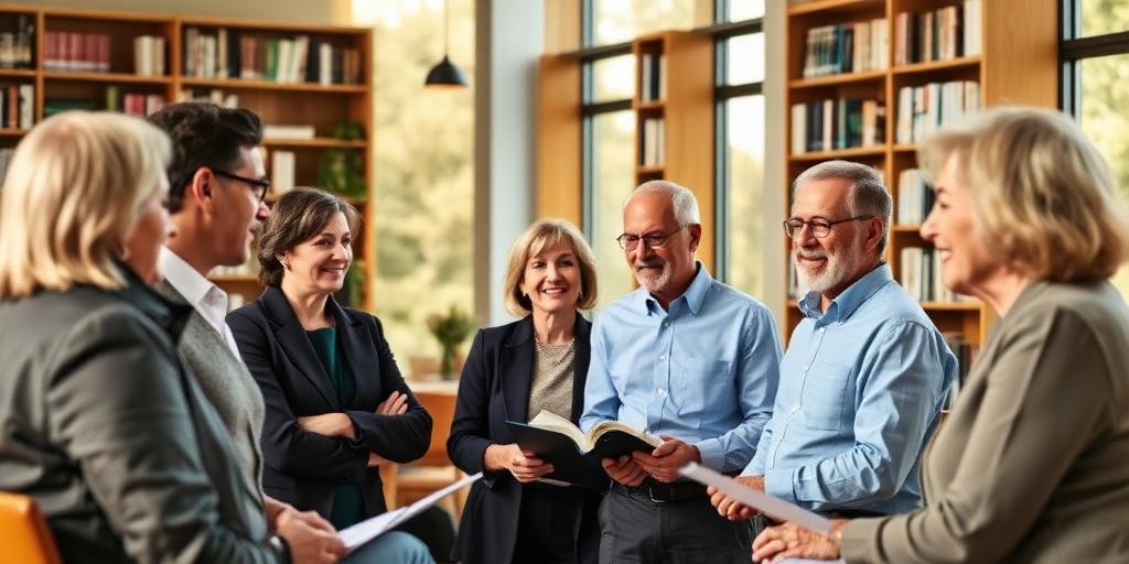 A diverse group of active professionals in their 60s talking in a modern, sunlit library