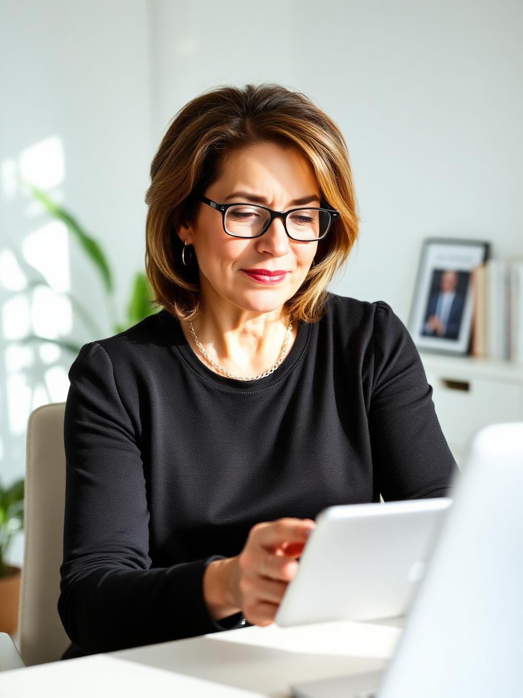 A sophisticated woman in her 50s using a tablet in a bright home office